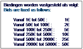 Zone de Texte: Biedingen worden vastgesteld als volgt:
Bids are fixed as follows:

Vanaf 1 tot 50 : 	        1
Vanaf 50 tot 100 :	        2
Vanaf 100 tot 250 :        5
Vanaf 250 tot 500 :      10
Vanaf 500 tot 2000 :    25
Vanaf 2000 tot 5000 :  50

